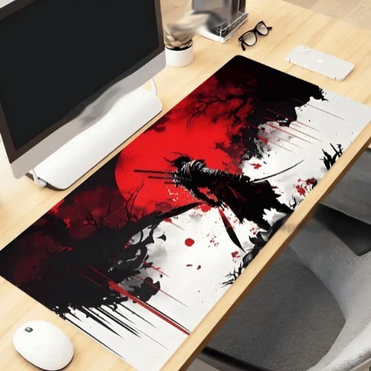 tapis de souris gamer samourai noir avec souris blanche et ecran