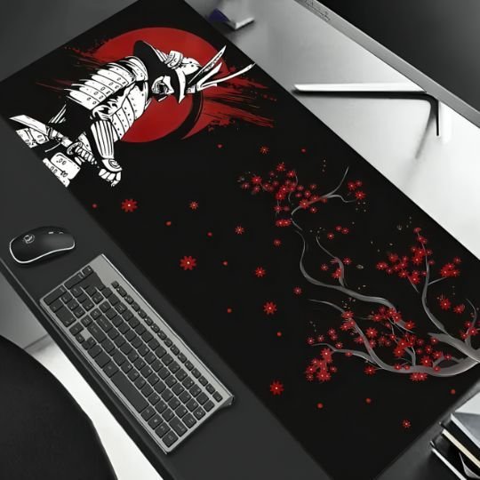 tapis de souris gamer samourai blanc avec souris clavier et bas ecran