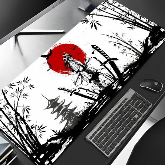 tapis de souris gamer samourai blanc et bambou avec souris clavier et bas ecran