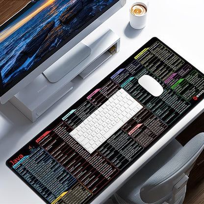 tapis de souris XXL sur bureau blanc avec livres ecran clavier souris et tasse cafe
