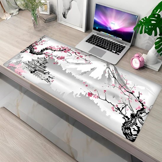 tapis de souris xxl avec plante horloge et pc portable