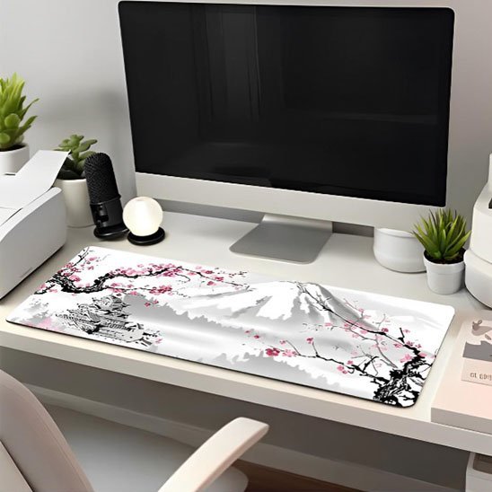 tapis de souris xxl sur bureau blanc avec plante et materiel de bureau