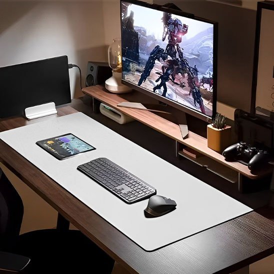 tapis de souris XXL sur bureau avec clavier souris devant ecran
