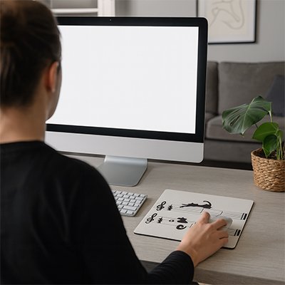 personne tenant souris sur tapis souris devant ecran et clavier