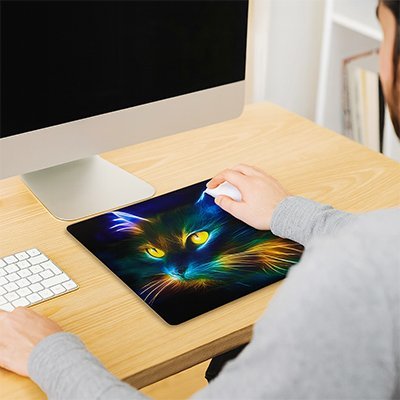 tapis souris chat lumineux devant ecran avec personne utilisant clavier et souris